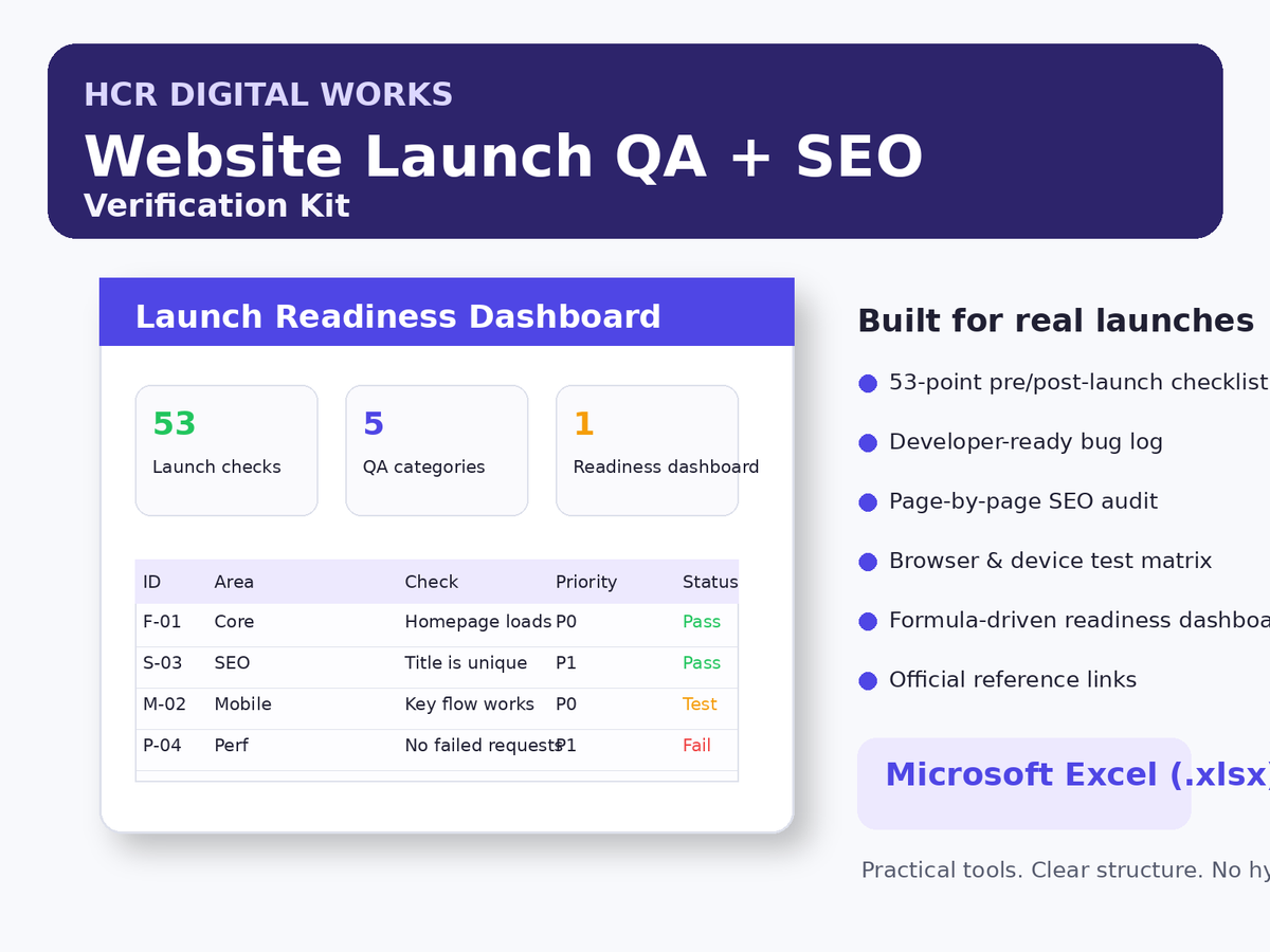 Website launch QA and SEO verification checklist workbook preview