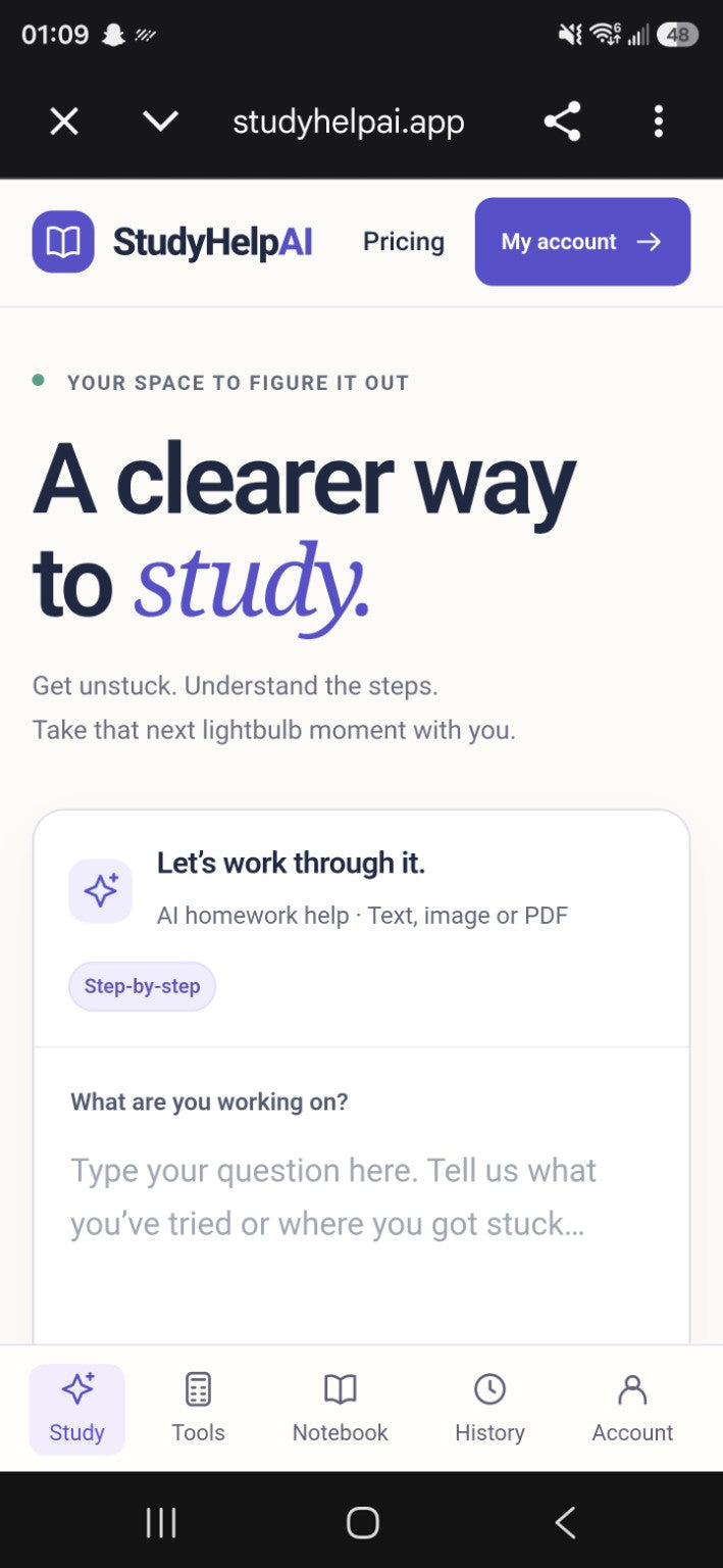 StudyHelpAI mobile homework-help interface used in the visual verification case study