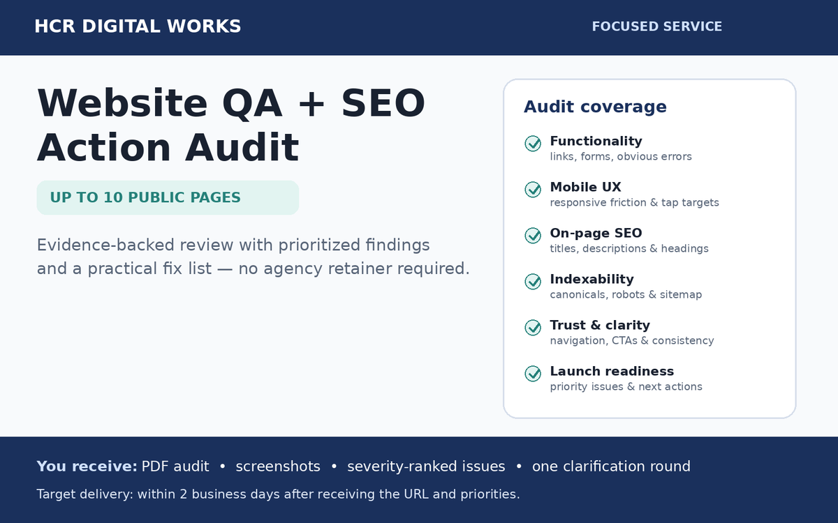 Website QA and SEO Action Audit service overview