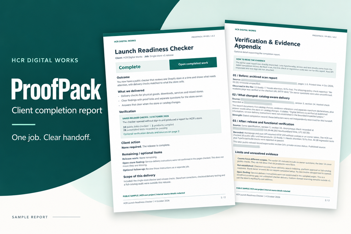 ProofPack client completion report with two-page HCR sample: client handoff and evidence appendix.